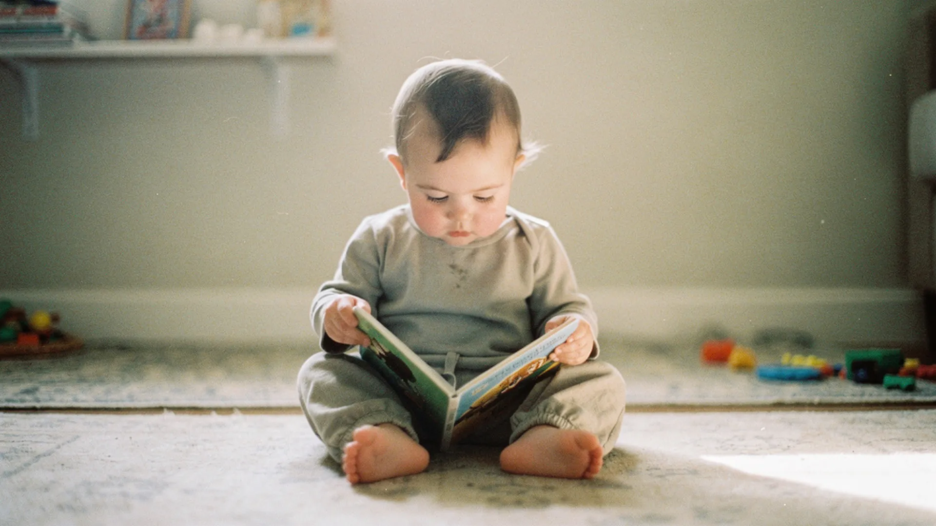Enfant de 2 ans tournant les pages d'un petit livre illustré, assis par terre