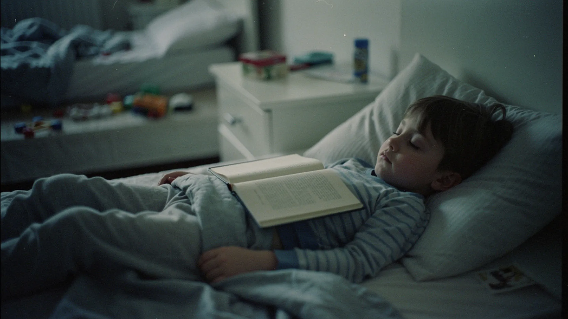Enfant de 5 ans endormi paisiblement avec un livre ouvert sur la poitrine