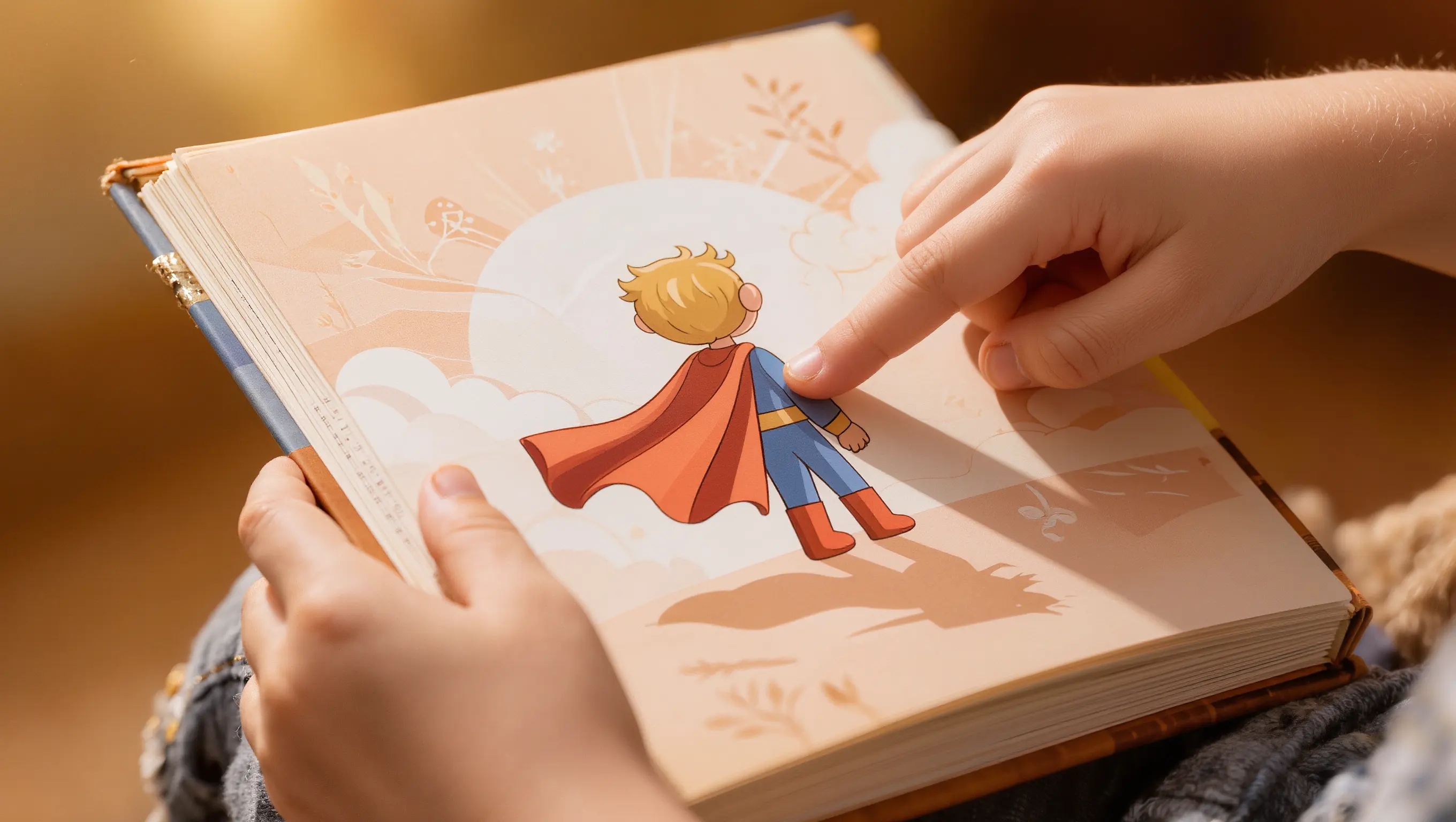 Enfant découvrant son personnage dans un livre personnalisé effet miroir Pourquipourtoi