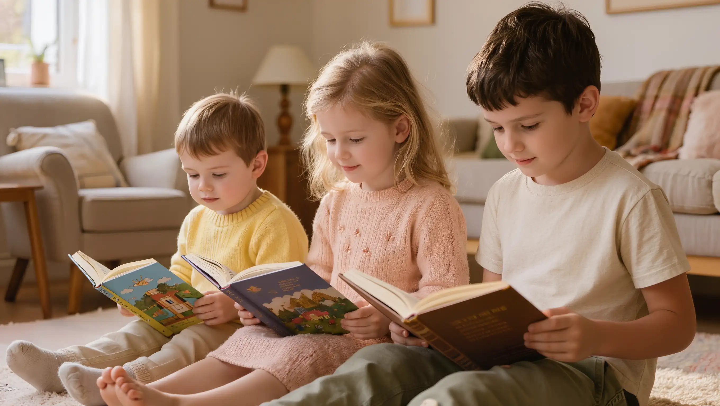 Trois enfants de différents âges lisant chacun un livre adapté à leur développement émotionnel