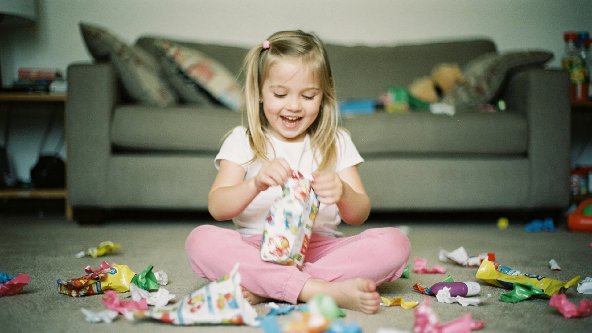 Petite fille de 6 ans ouvrant un cadeau emballé avec un grand sourire, dans un salon familial