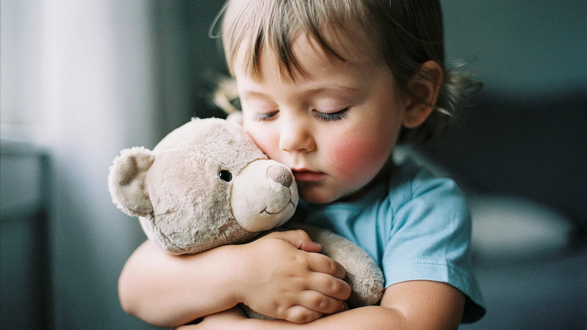 Enfant de 3 ans serrant dans ses bras une peluche personnalisée, les yeux fermés