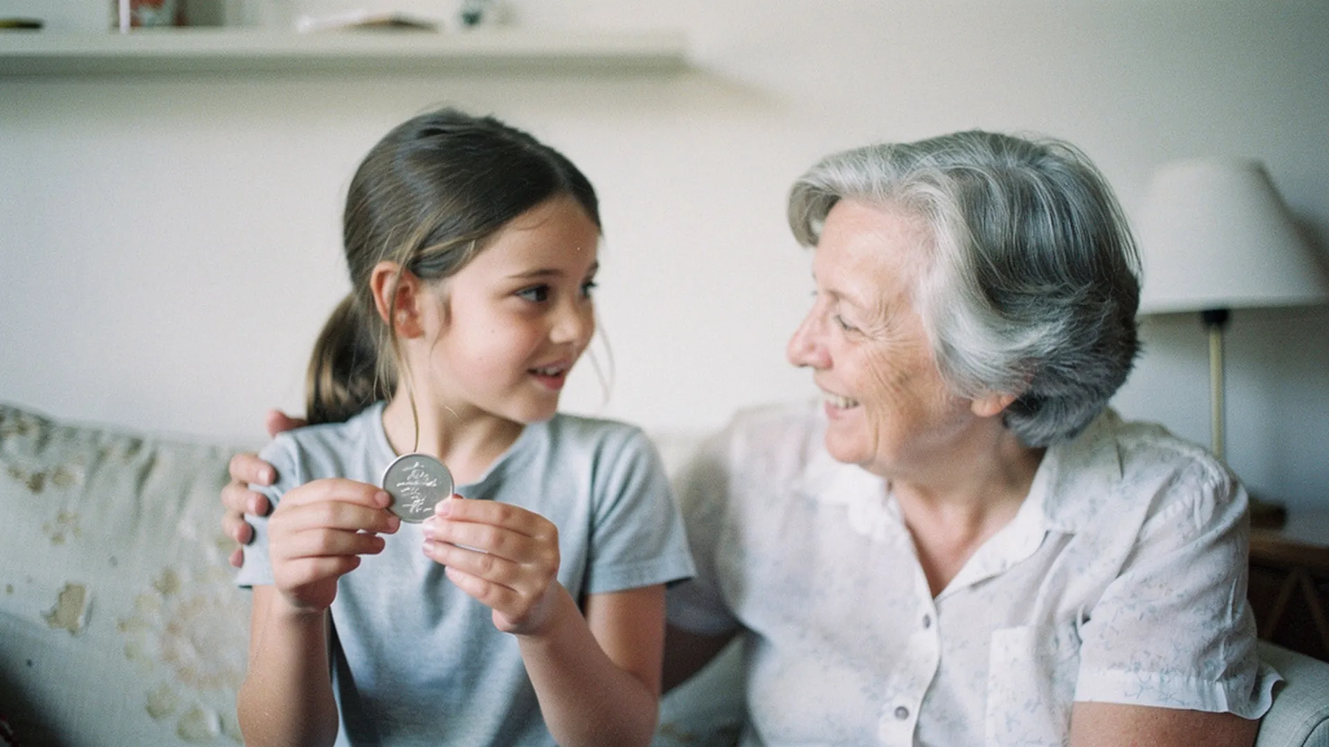 Fillette de 10 ans montrant un objet gravé à son prénom à sa grand-mère, toutes deux souriantes