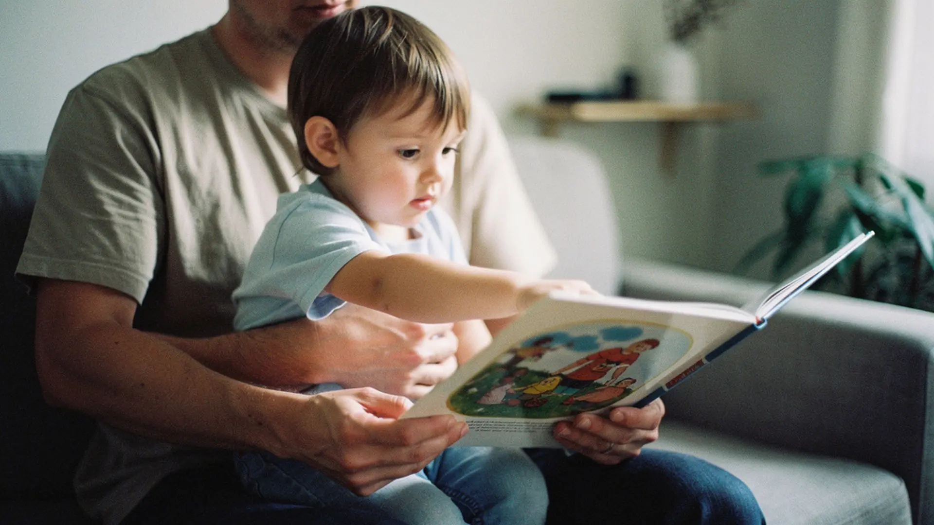 Enfant de 3 ans montrant du doigt une illustration colorée dans un livre, sur les genoux d'un parent