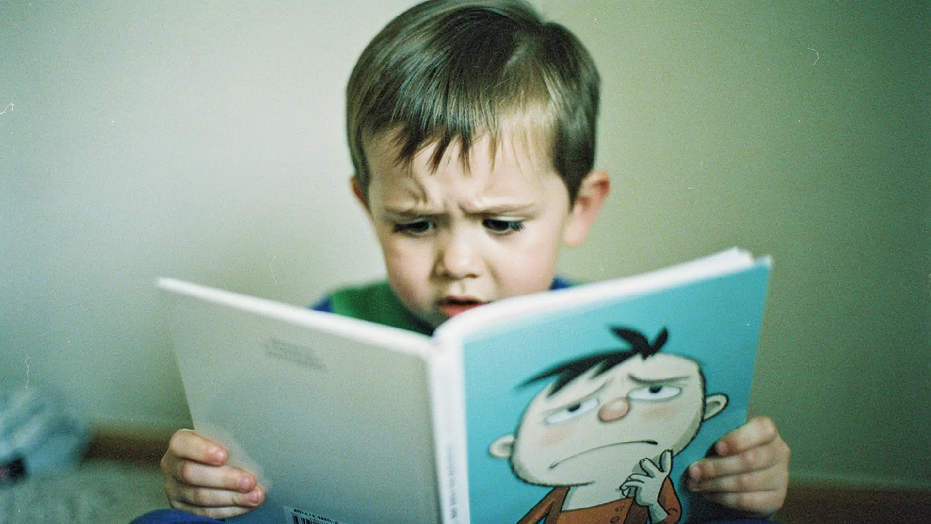 Enfant de 4 ans regardant attentivement une illustration montrant un personnage triste
