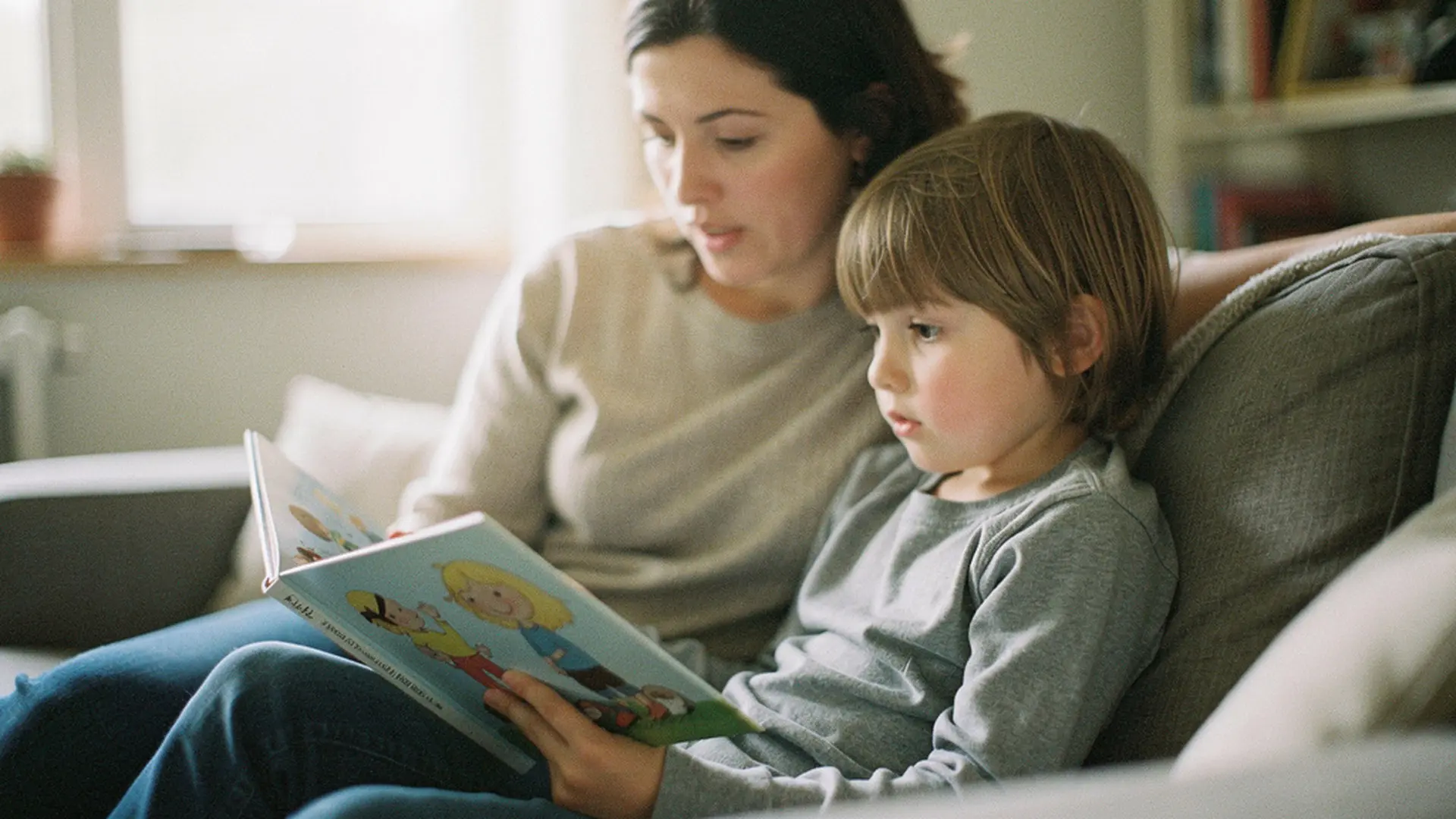 Parent et enfant de 5 ans commentant ensemble une illustration dans un livre ouvert
