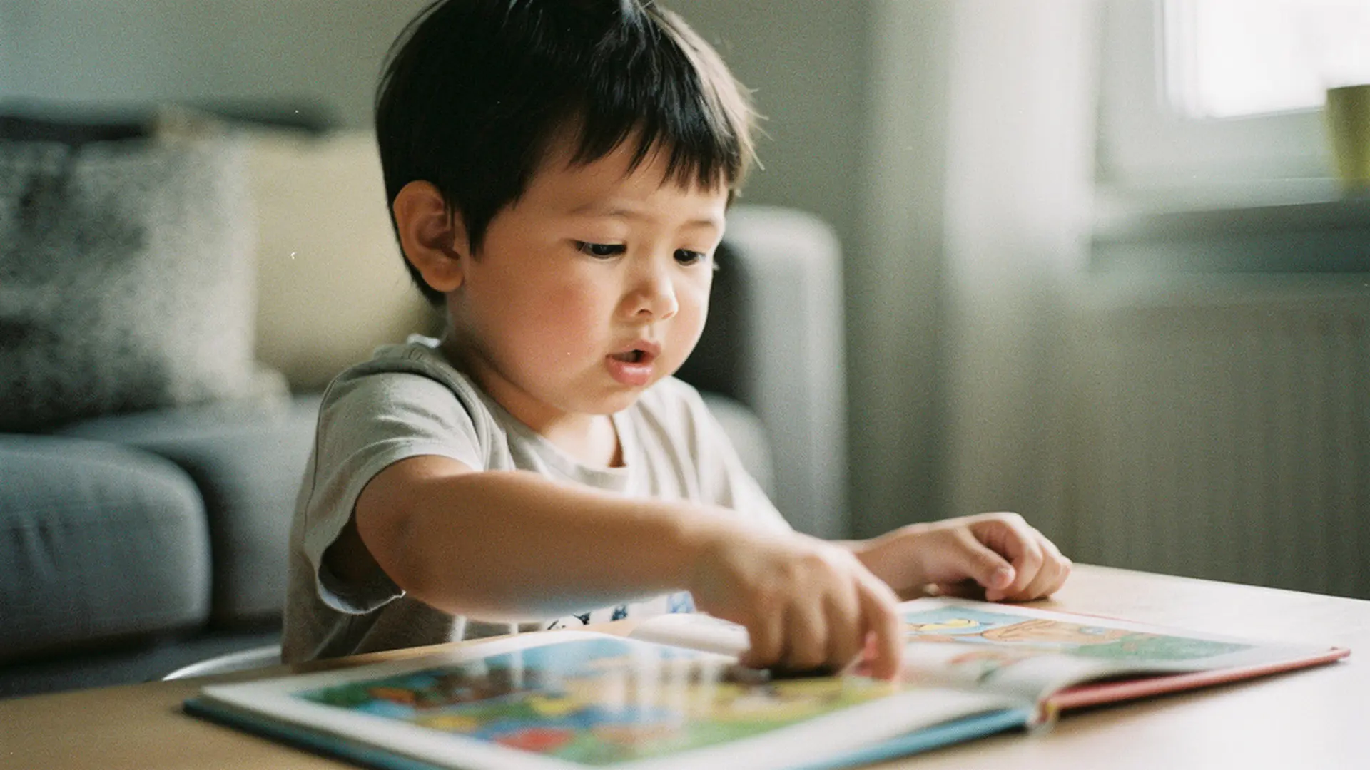 Enfant de 5 ans montrant du doigt une illustration représentant un visage triste dans un livre
