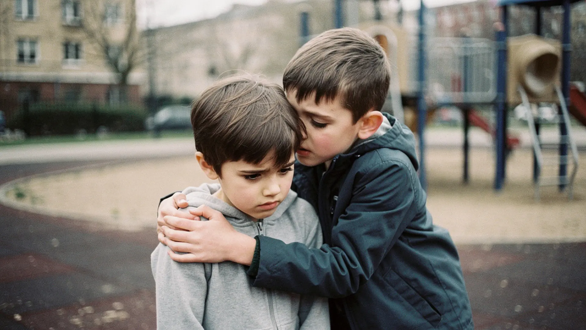 Deux enfants de 6 ans, l'un consolant l'autre dans une cour de récréation