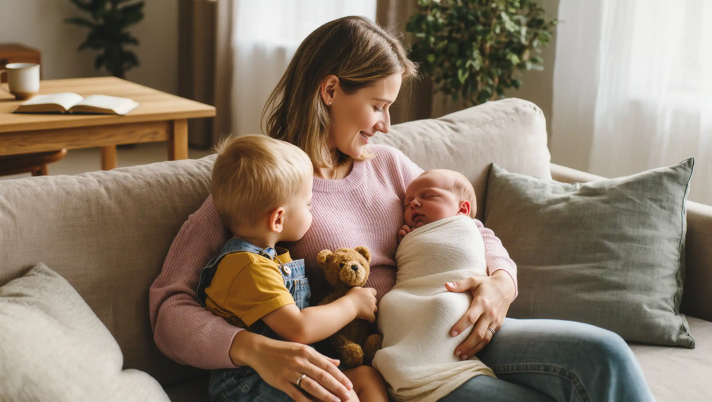 Maman avec son aîné et son nouveau bébé, scène de vie familiale chaleureuse