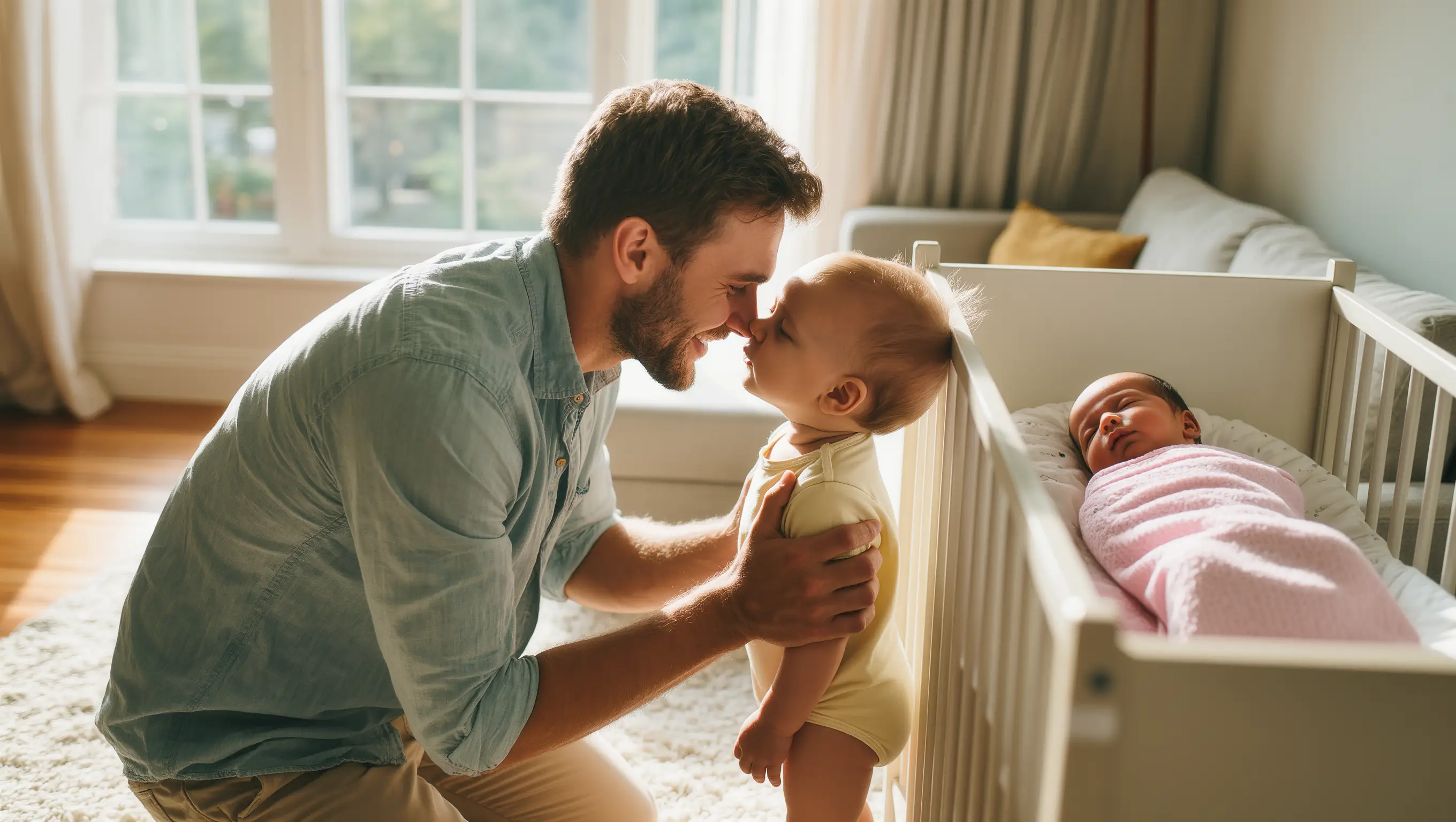 Papa accordant du temps exclusif à son aîné pendant que bébé dort