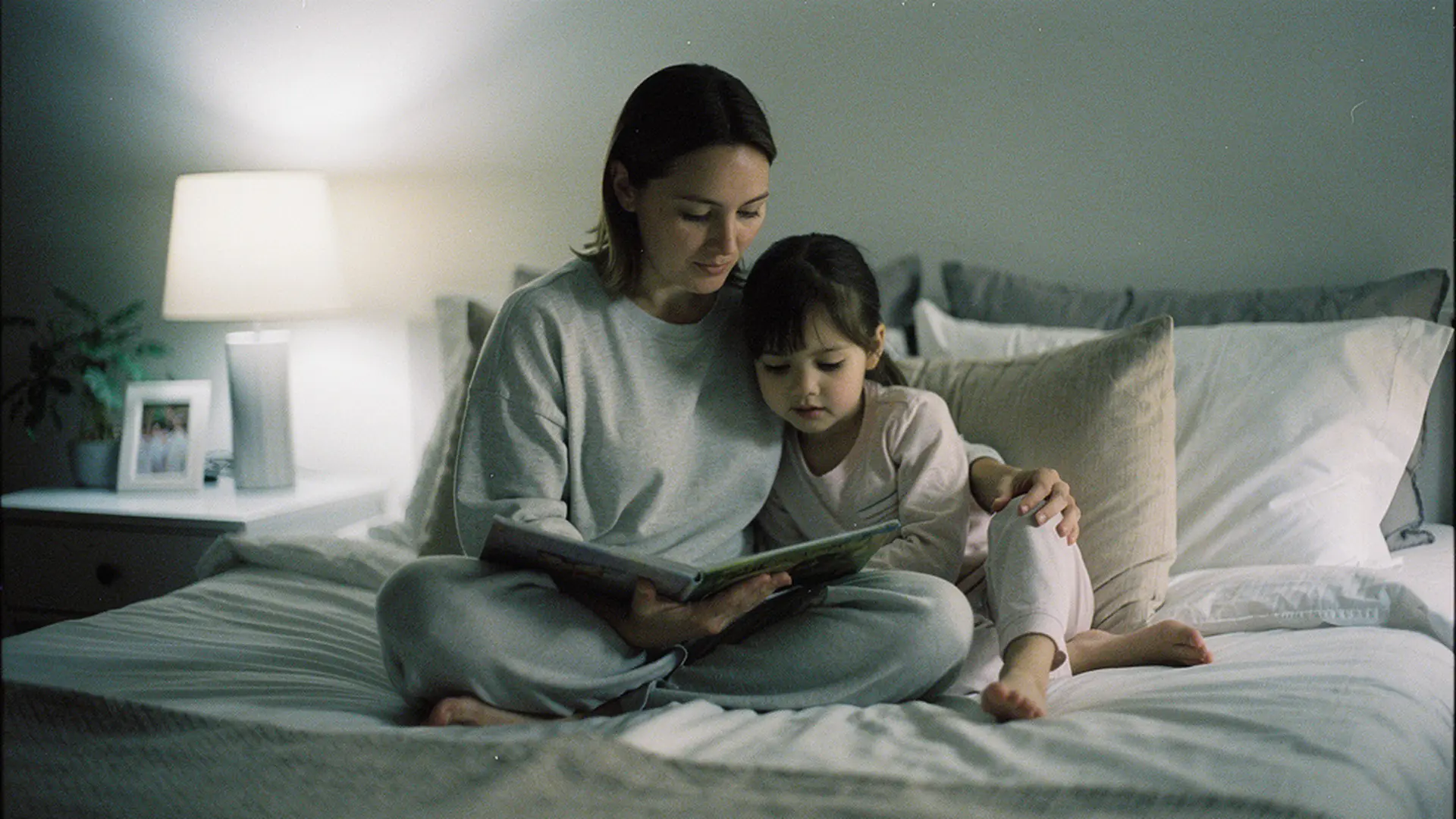 Mère et fille de 6 ans lisant un livre ensemble sur un lit le soir, ambiance calme et intime