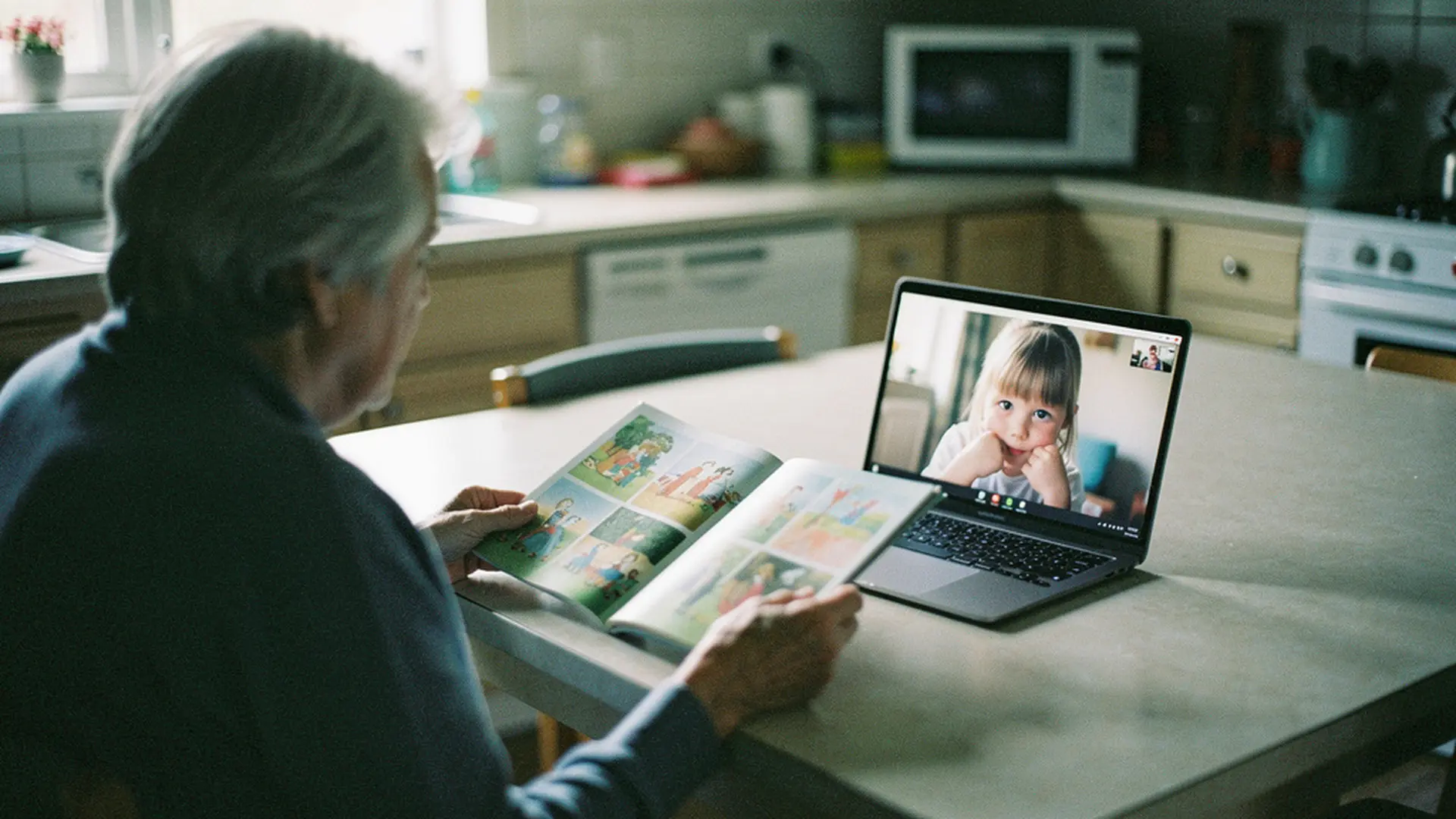 Grand-parent lisant une histoire à son petit-enfant en visioconférence