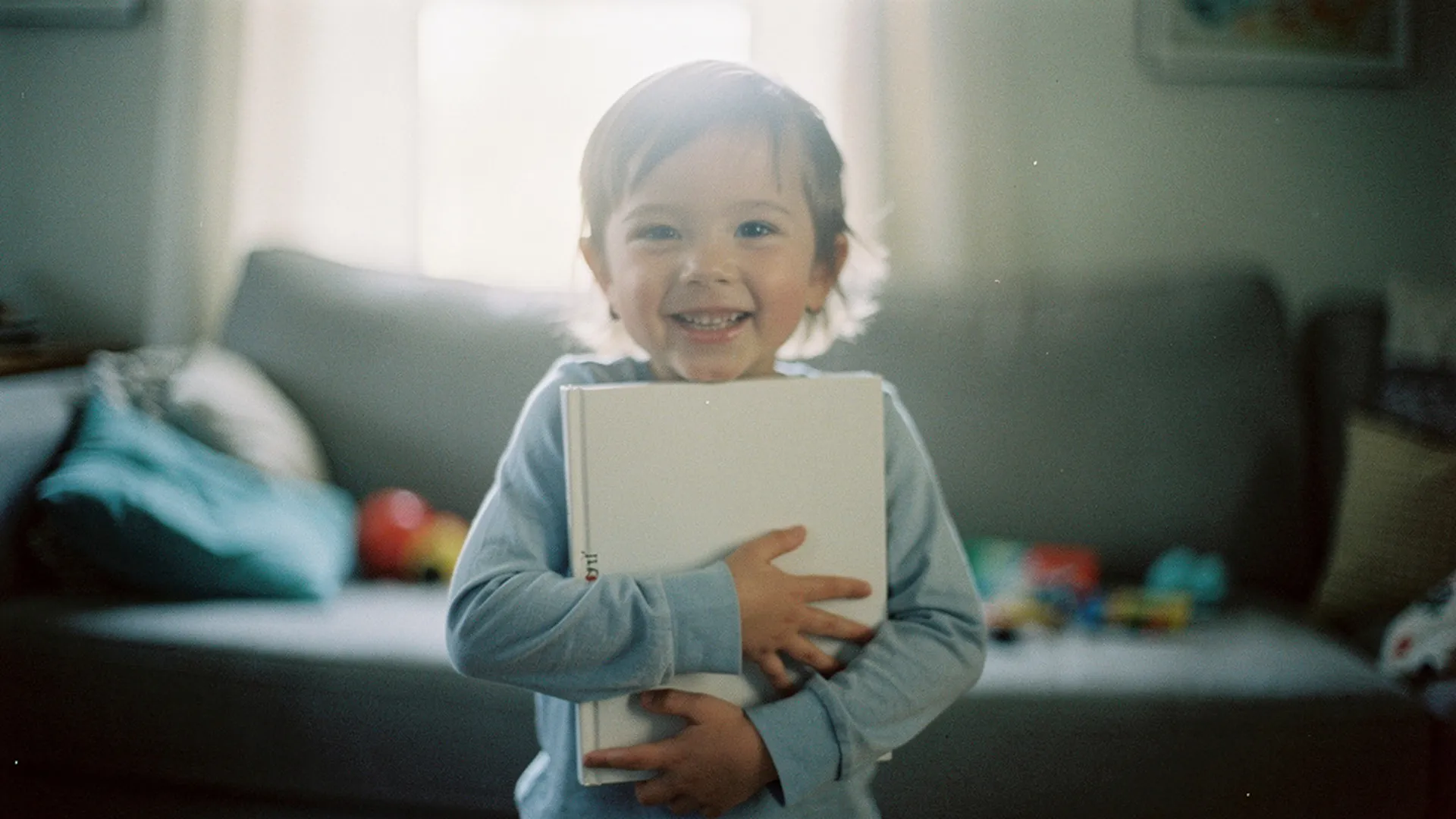 Enfant de 4 ans souriant, serrant un livre personnalisé contre lui