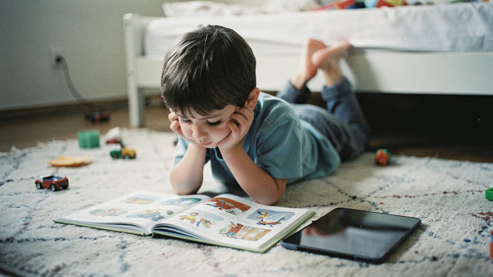 Enfant de 7 ans allongé sur le ventre en train de lire un livre illustré, tablette éteinte posée à côté de lui