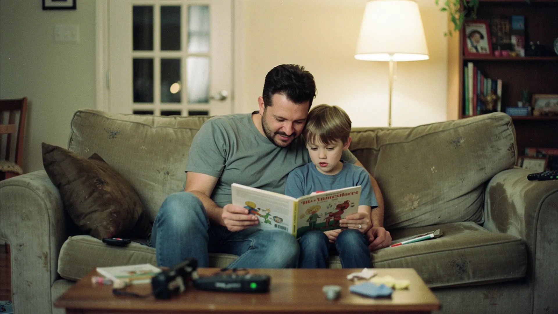 Parent et enfant de 6 ans assis côte à côte sur un canapé, lisant ensemble un livre illustré le soir
