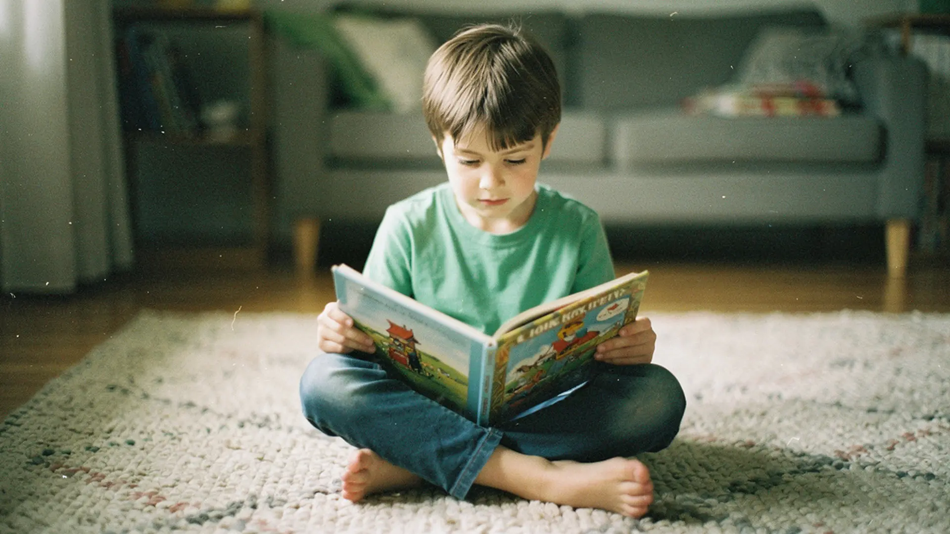 Enfant de 8 ans assis en tailleur sur un tapis, absorbé dans la lecture d'un livre illustré, expression concentrée