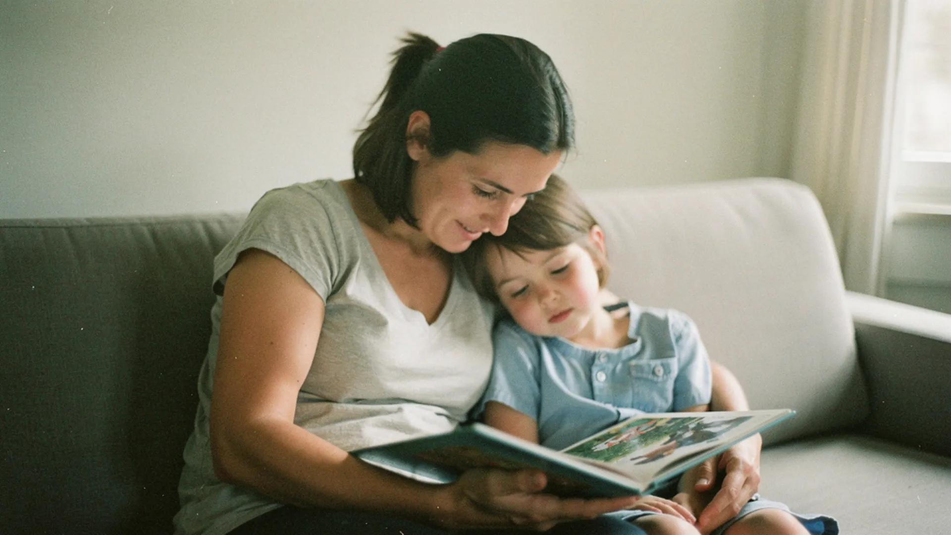 Mère et enfant de 6 ans assis sur un canapé, regardant ensemble un livre illustré ouvert
