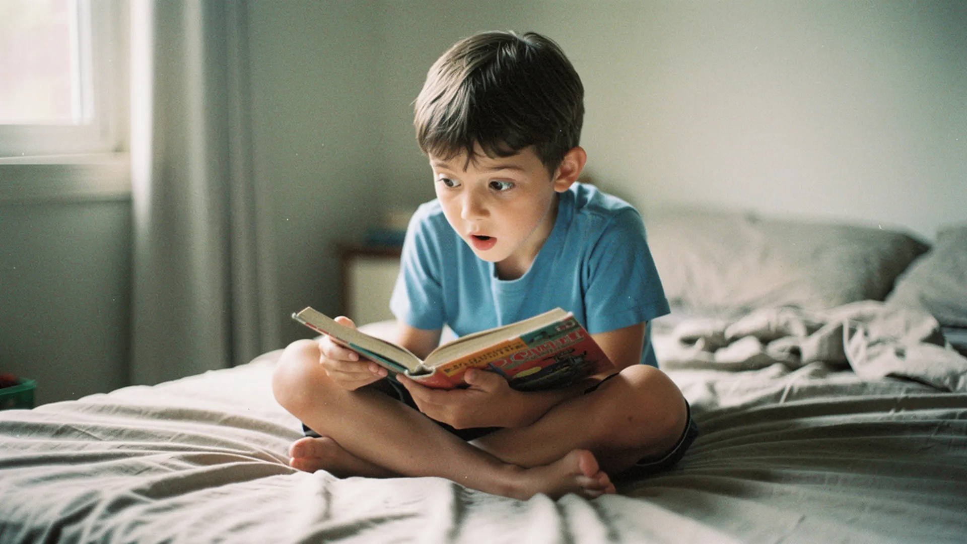 Enfant de 7 ans assis en tailleur sur son lit, tenant un livre ouvert des deux mains, expression de surprise et de reconnaissance