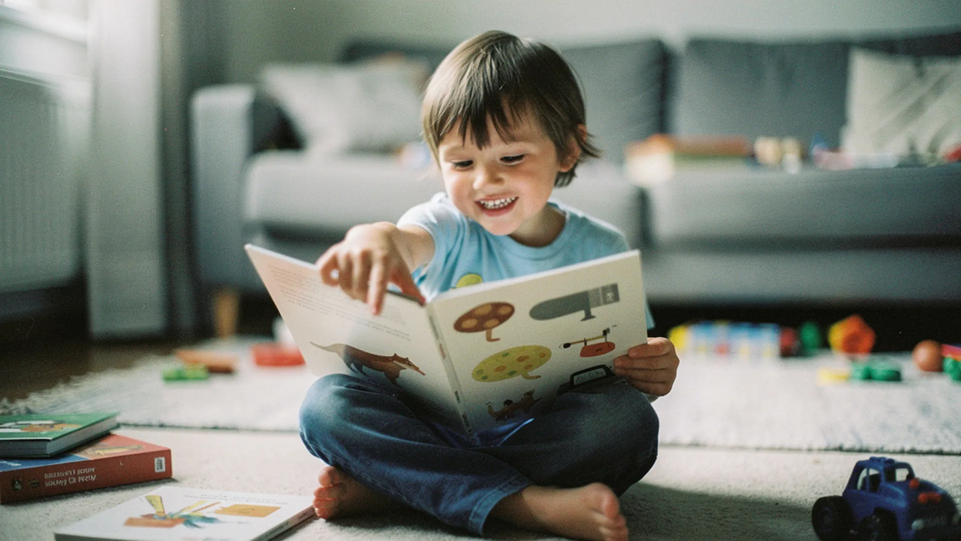 Enfant de 5 ans tenant un livre personnalisé ouvert, montrant du doigt une page avec un grand sourire