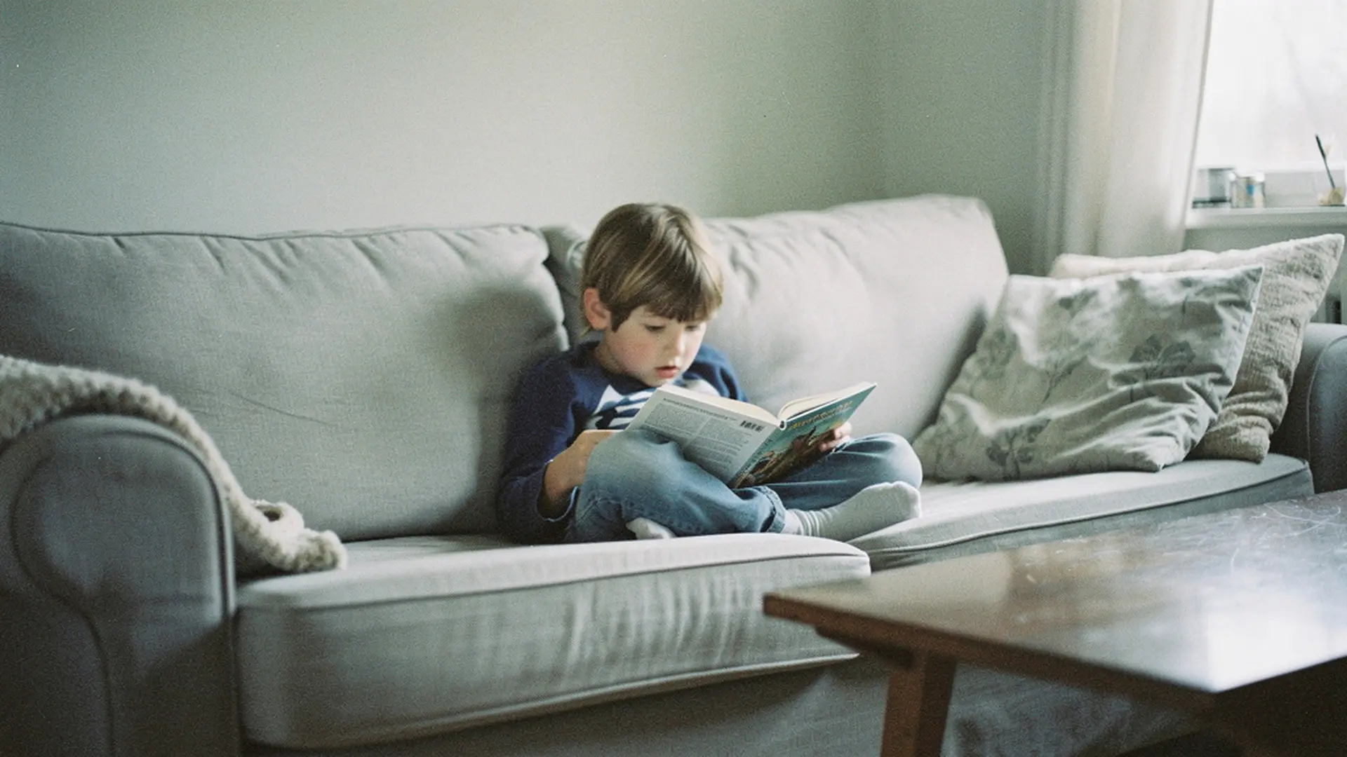 Enfant de 7 ans lisant seul un livre, très concentré, sur un canapé