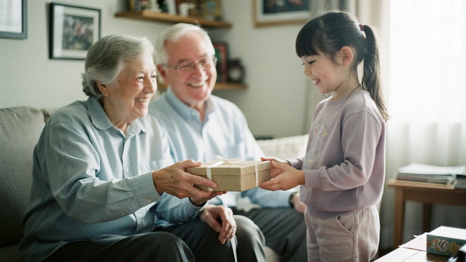 Grands-parents offrant un livre personnalisé à leur petite-fille de 6 ans lors d'un anniversaire
