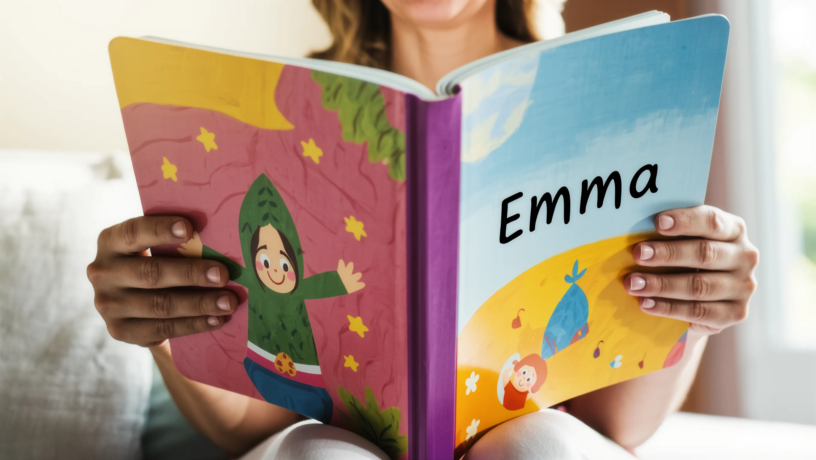 Parent comparant deux livres personnalisés pour enfant côte à côte