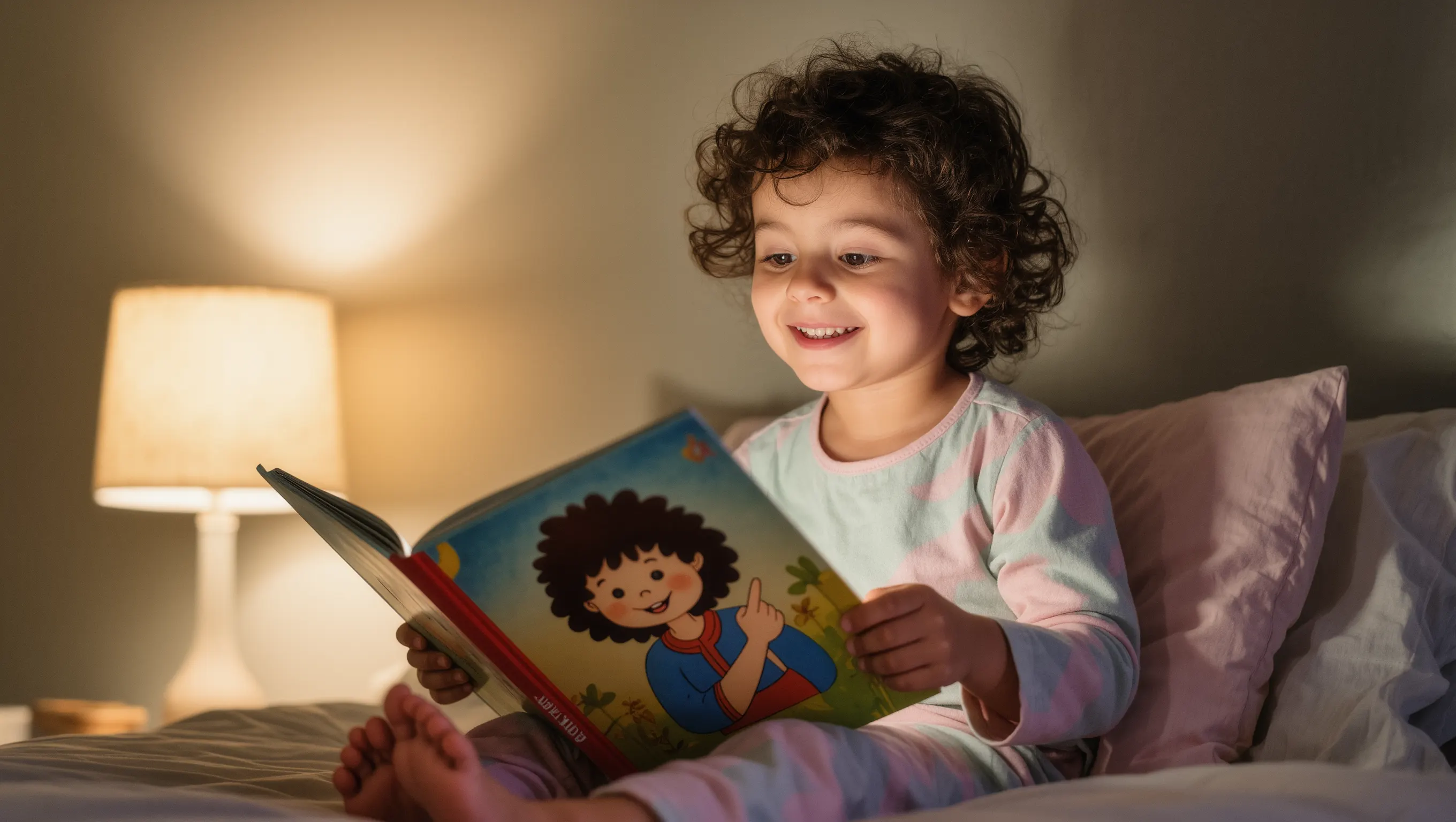 Enfant découvrant avec émerveillement son livre personnalisé unique