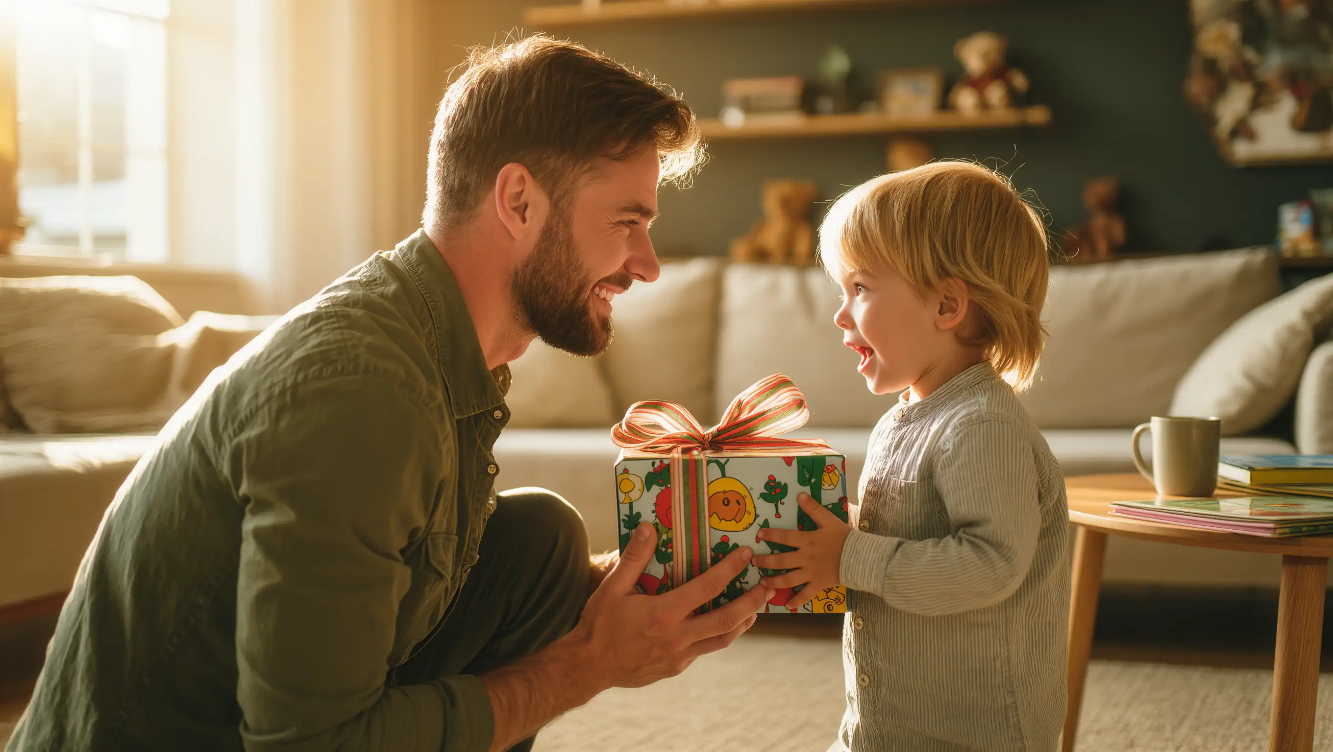 Parent offrant un livre personnalisé à son enfant, moment d'émotion authentique