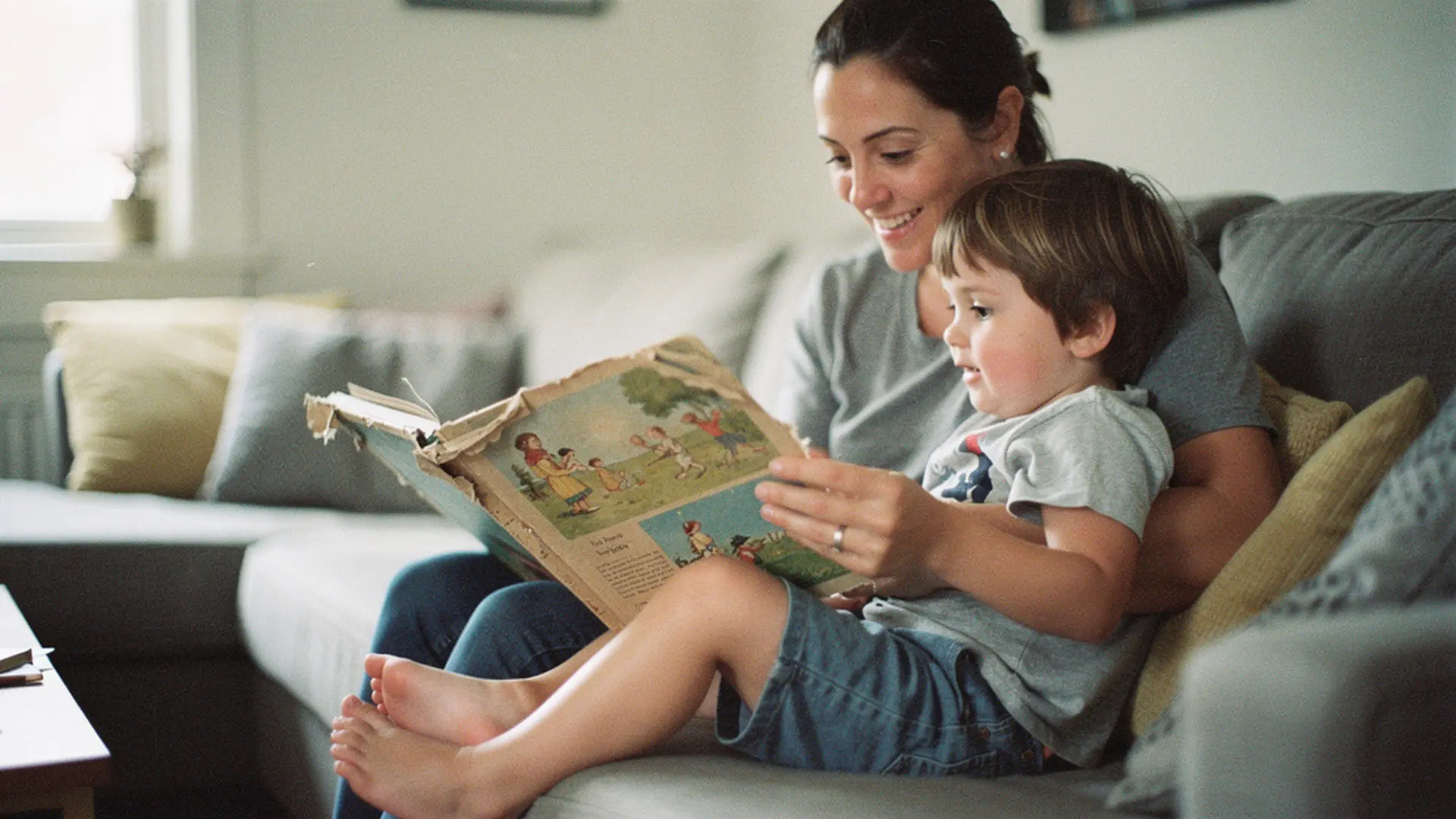 Adulte souriant en train de feuilleter un livre pour enfant personnalisé visiblement ancien, assis à côté d'un enfant de 6 ans
