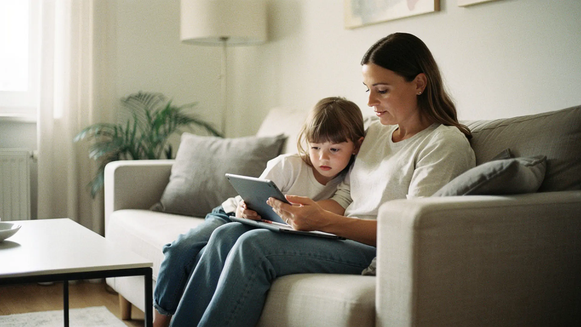Mère remplissant un questionnaire détaillé sur tablette, enfant de 4 ans assis à côté d'elle sur un canapé