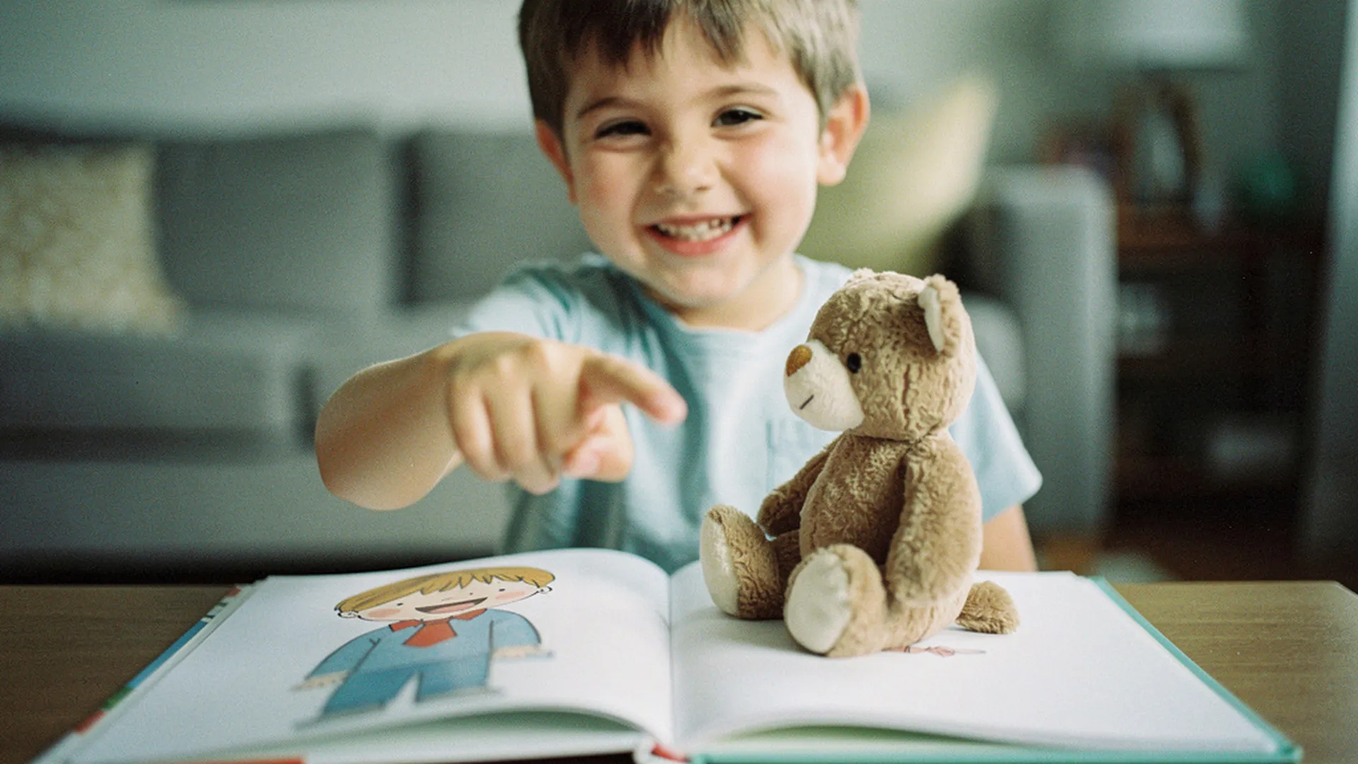 Enfant de 6 ans souriant largement en pointant du doigt une illustration le représentant dans un livre ouvert, avec son doudou visible sur l'image