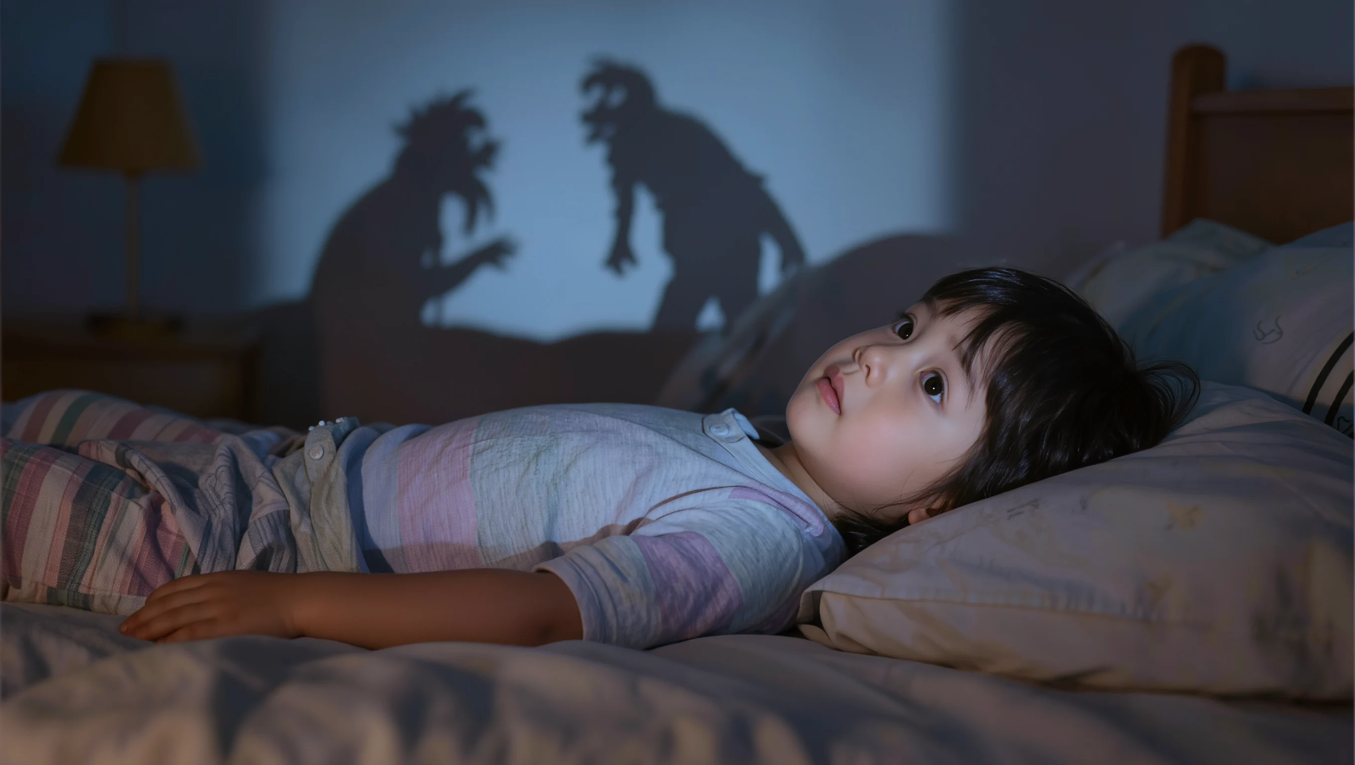 Enfant de 4 ans regardant des ombres au plafond dans sa chambre sombre, illustrant les causes de la peur du noir