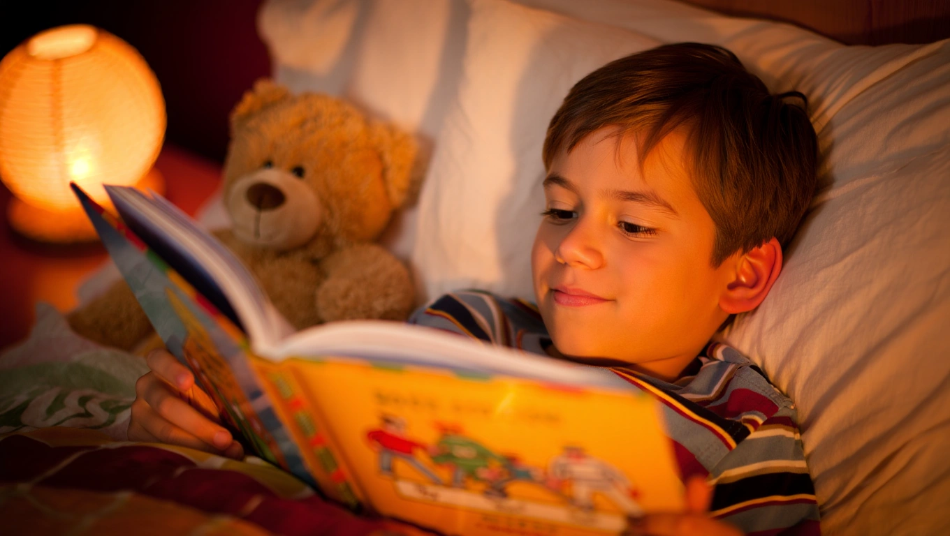 Enfant de 6 ans souriant en tenant un livre personnalisé à son image, assis dans son lit avec une veilleuse