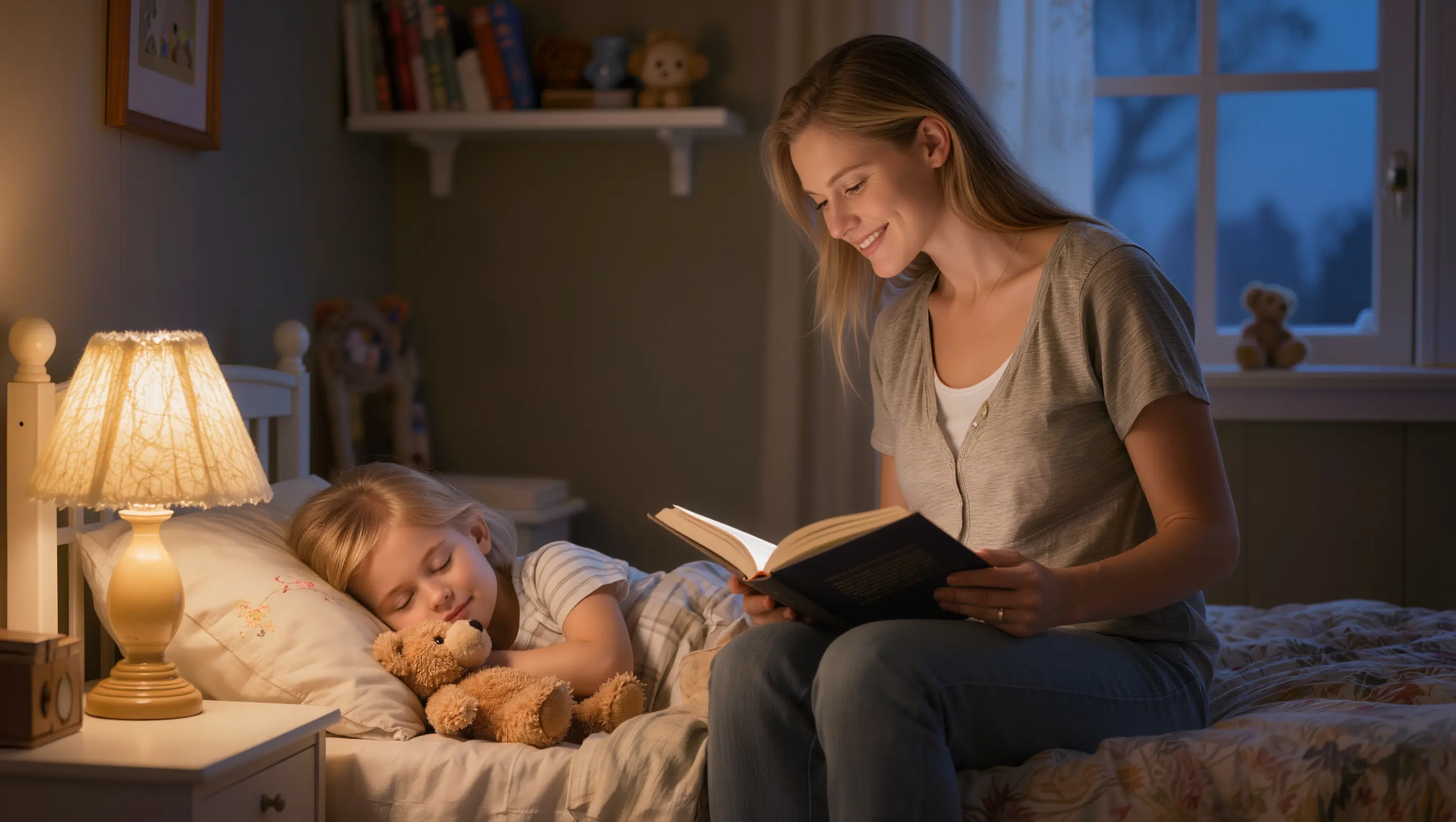 Parent lisant une histoire à un enfant de 5 ans au moment du coucher, rituel apaisant avant de dormir