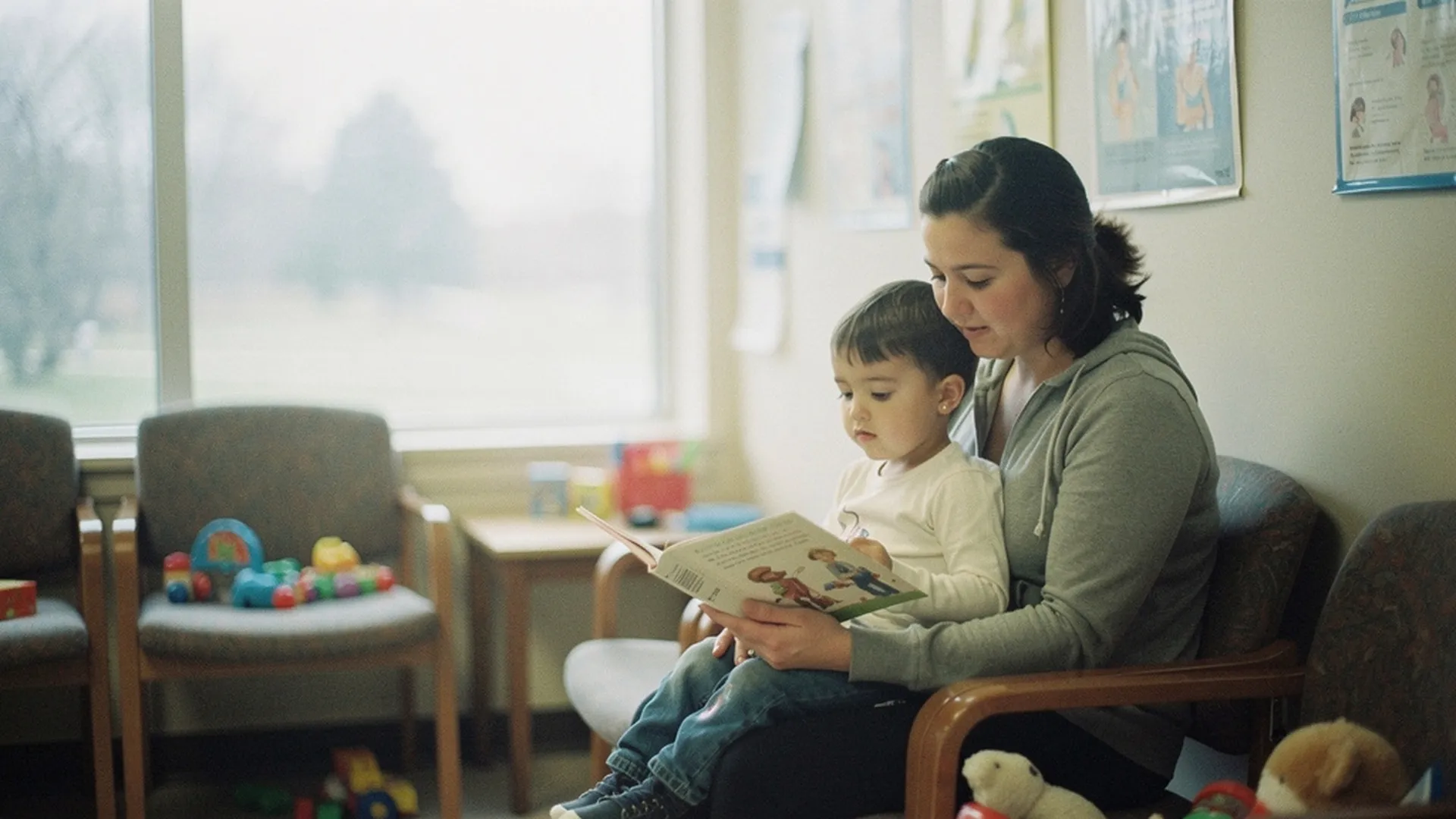 Enfant assis sur les genoux de sa mère dans une salle d'attente médicale, regardant calmement un livre illustré ensemble