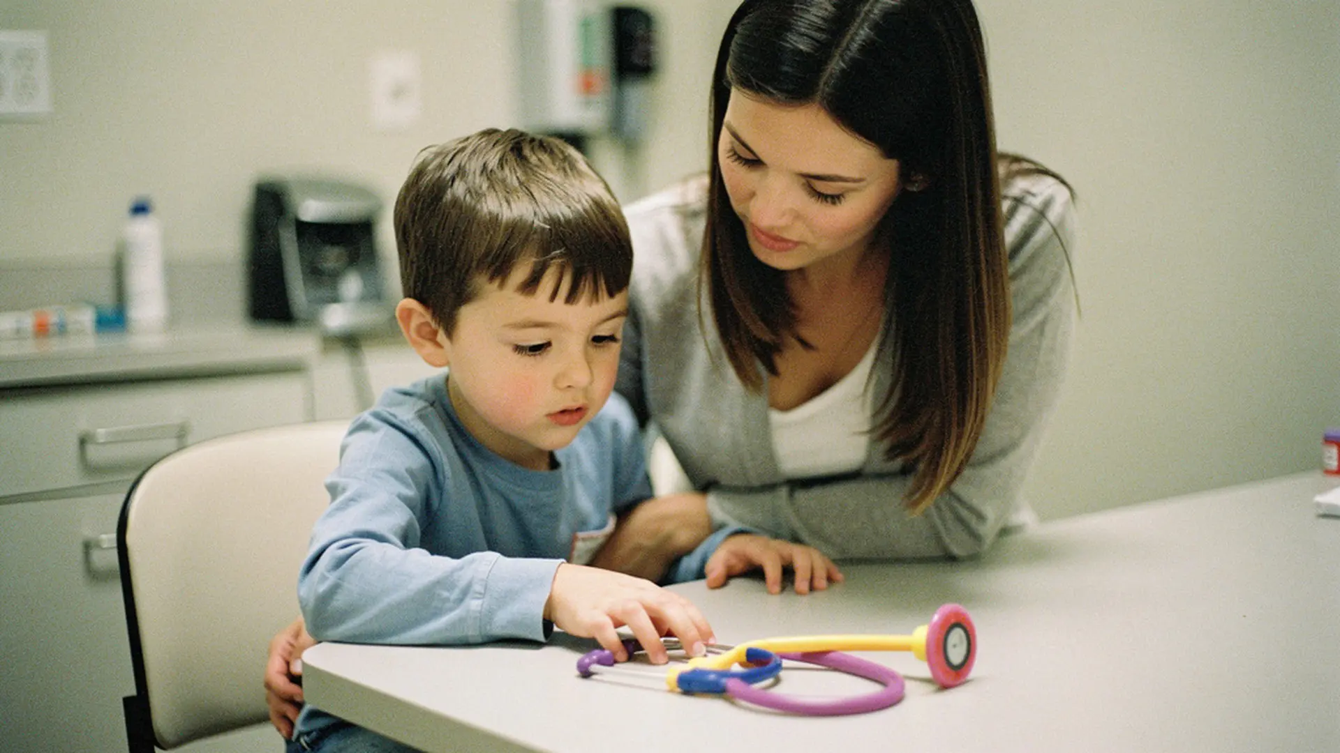 Petit garçon assis sur une table d'examen, curieux, regardant un stéthoscope tenu par une main hors champ