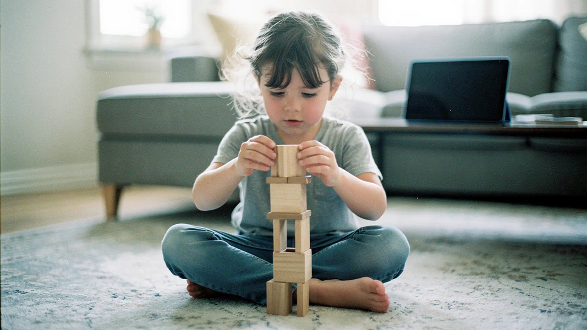 Enfant de 6 ans jouant avec des blocs de construction sur un tapis de salon, tablette éteinte posée sur une table basse en arrière-plan