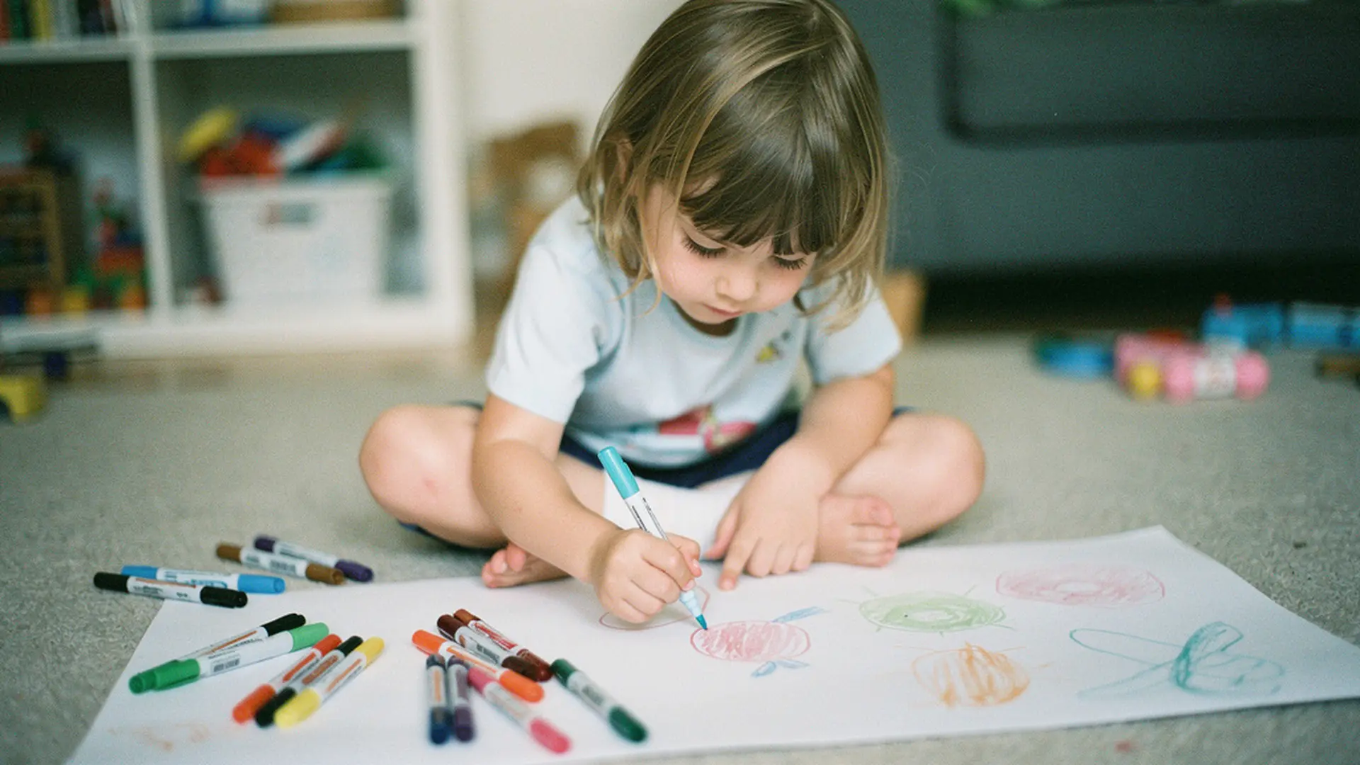 Enfant de 4 ans dessinant avec des feutres sur une grande feuille posée au sol, concentré