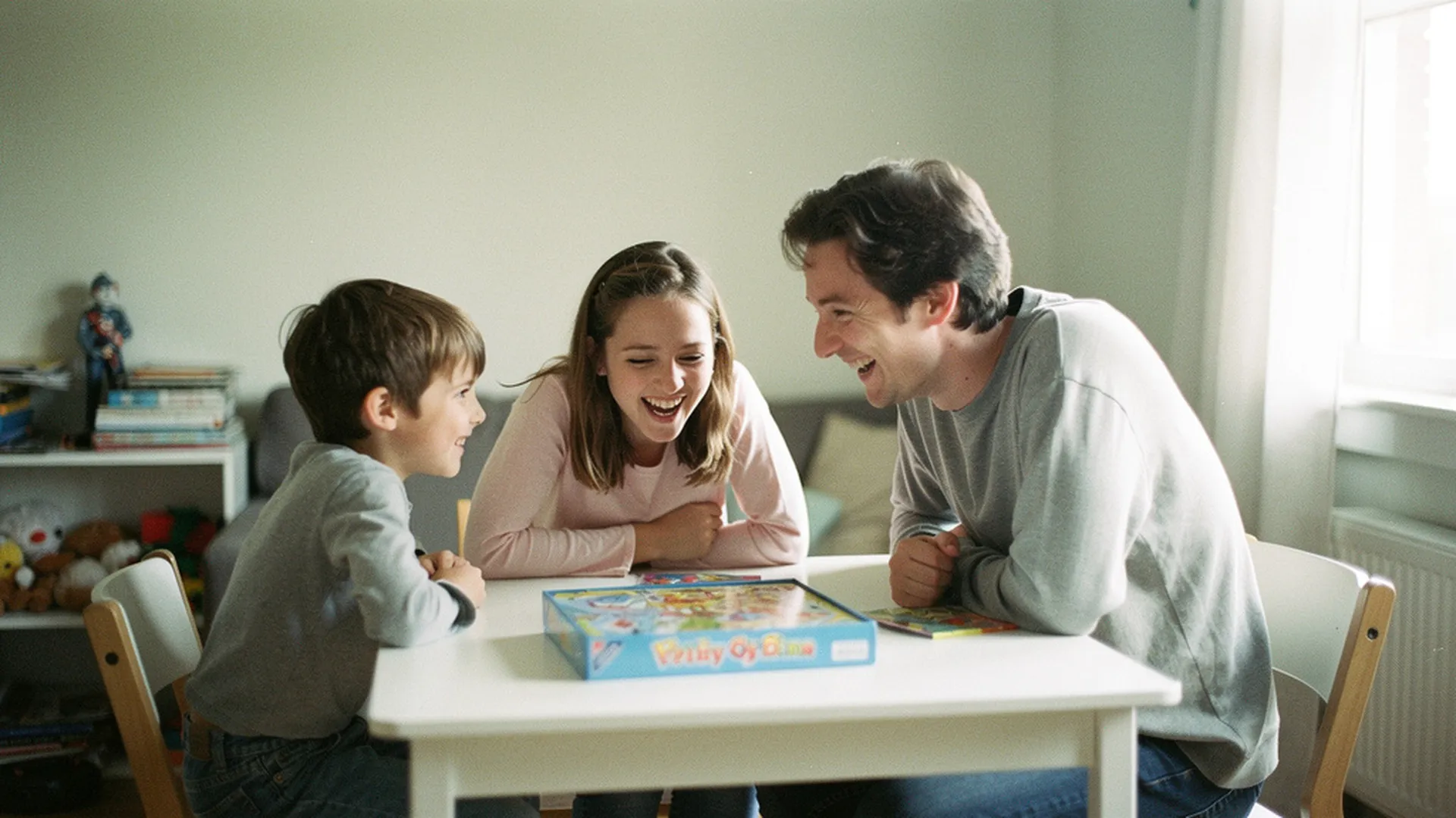 Famille jouant à un jeu de société autour d'une table, deux enfants et un parent, ambiance détendue
