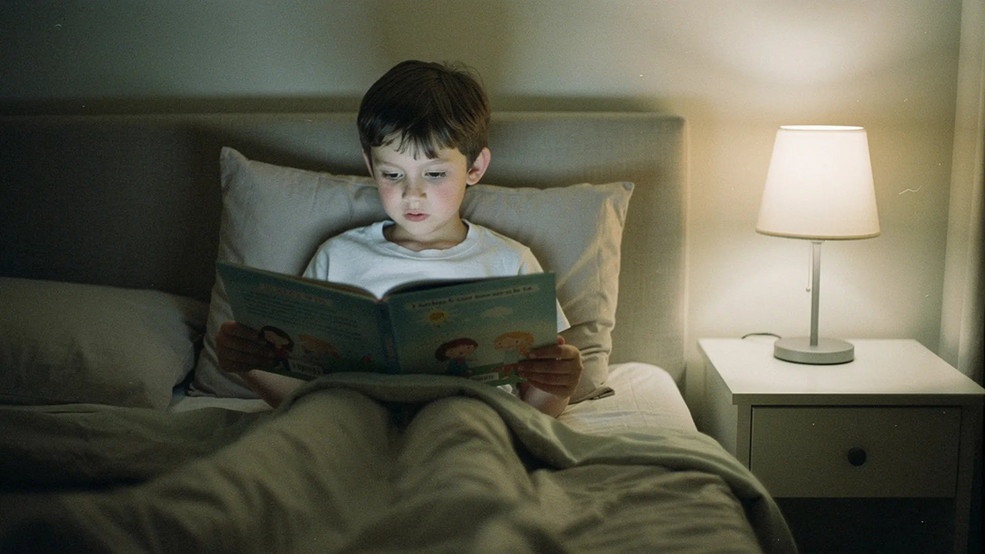 Enfant de 7 ans lisant un livre illustré personnalisé dans son lit le soir, lampe de chevet allumée