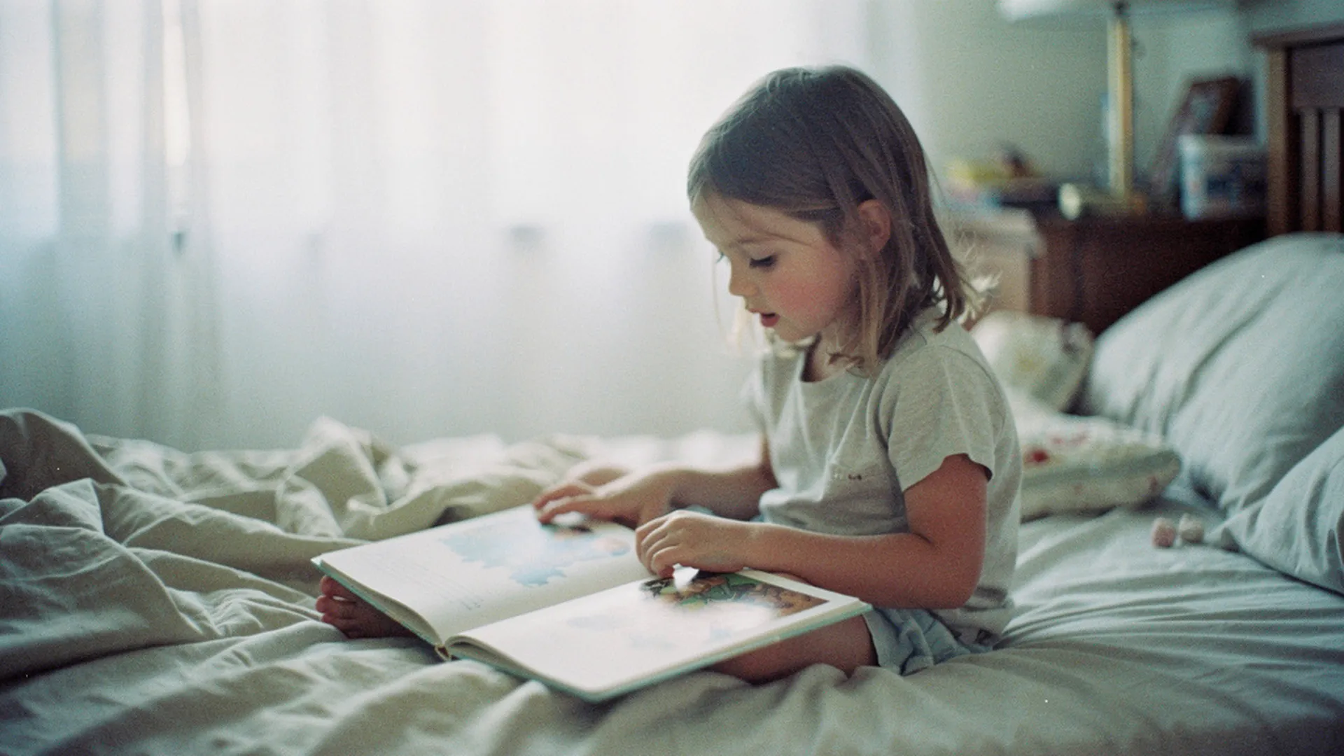 Enfant assis dans son lit tenant un livre illustré ouvert, pointant du doigt une page avec curiosité