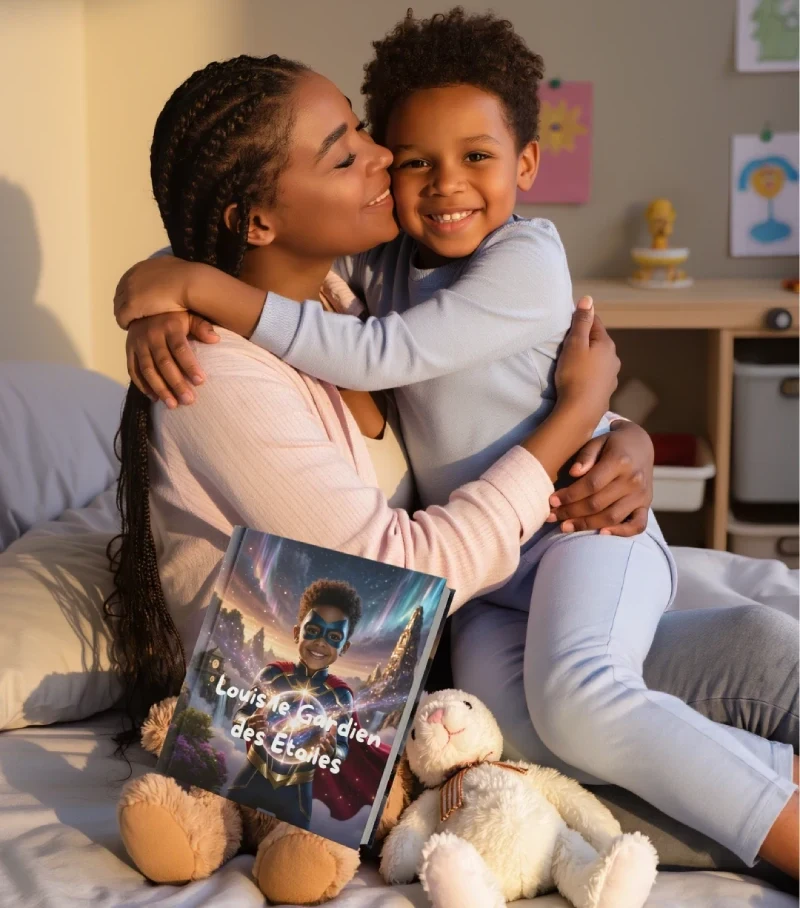 Maman et enfant heureux avec leur livre personnalisé Pourquipourtoi