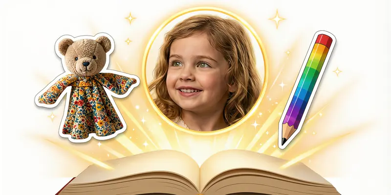 Le visage de Fanny, son doudou et son crayon s'échappent d'un livre ouvert