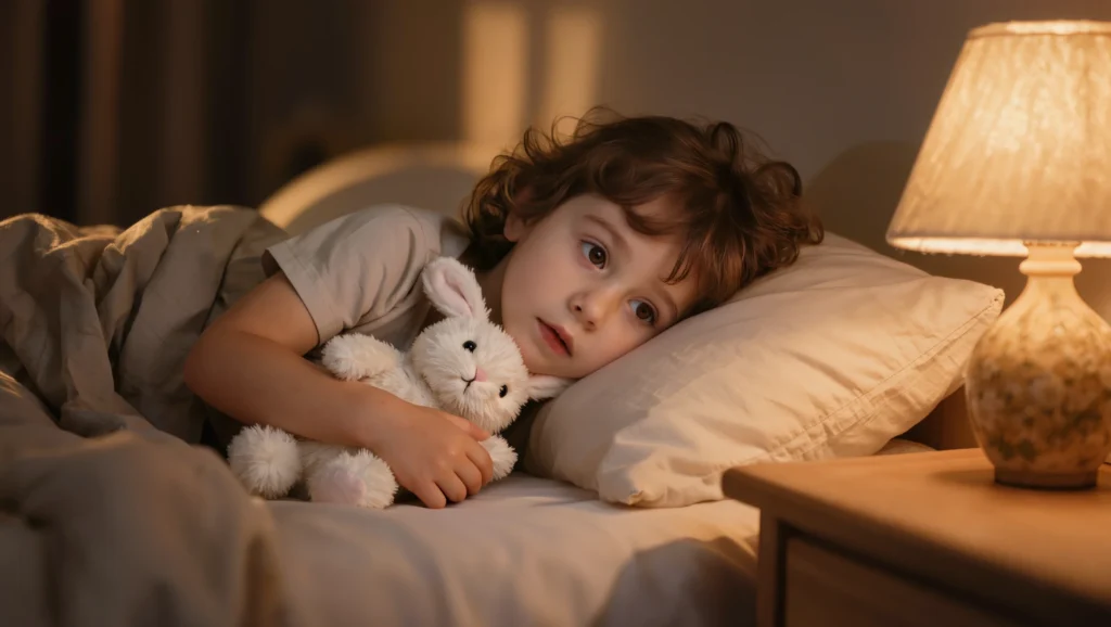 `Enfant sous une couverture avec une veilleuse, illustrant la peur du noir et les cauchemars chez l'enfant