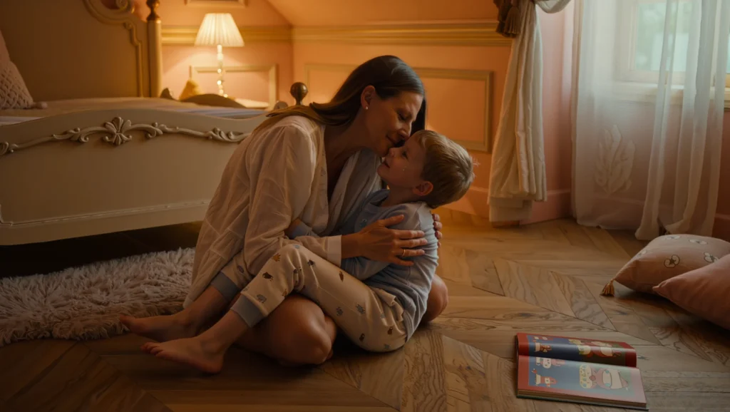 Parent réconfortant son enfant en pleine émotion forte avec un livre personnalisé