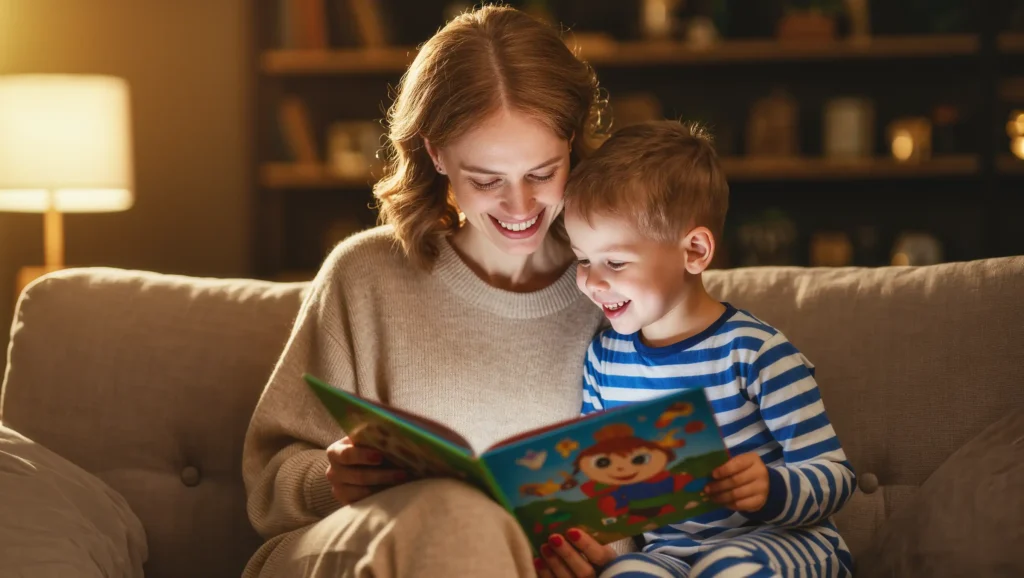 Mère et enfant de 6 ans lisant ensemble un livre personnalisé coloré sur le canapé, lumière chaude du soir