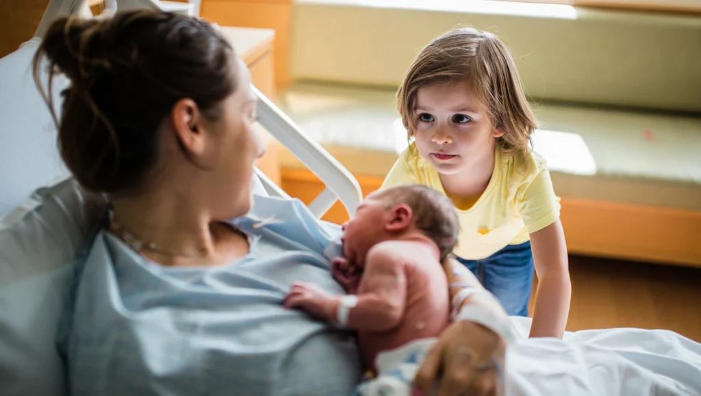Enfant aîné regardant son petit frère nouveau-né dans les bras de sa maman