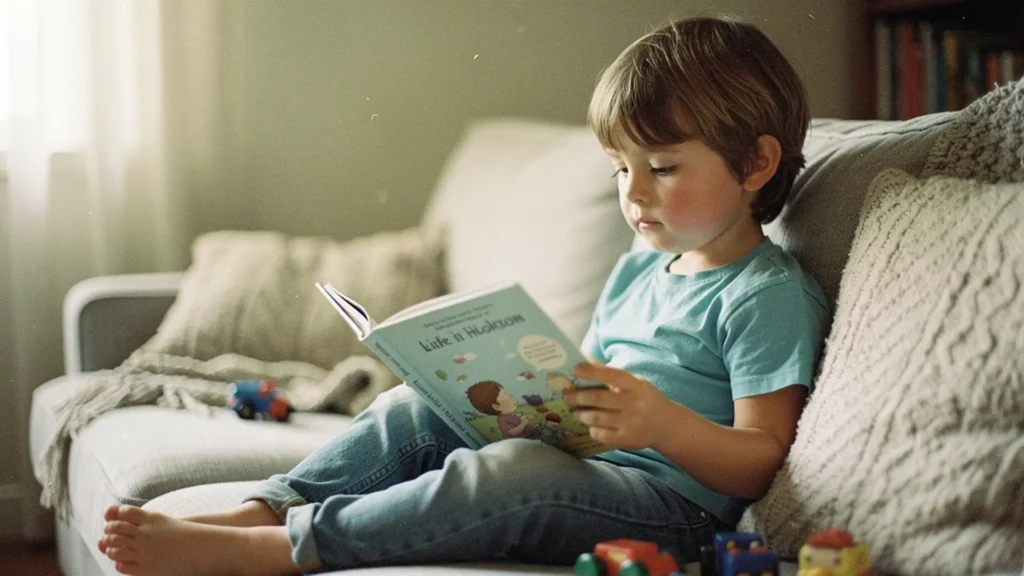 Enfant hypersensible absorbé dans la lecture de son livre personnalisé, dans un espace calme et apaisant