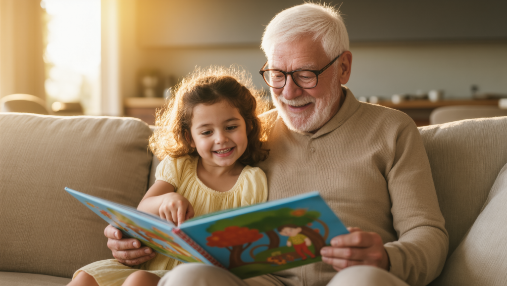 Grand-père et petite-fille assis ensemble, feuilletant un livre illustré personnalisé dans un salon chaleureux