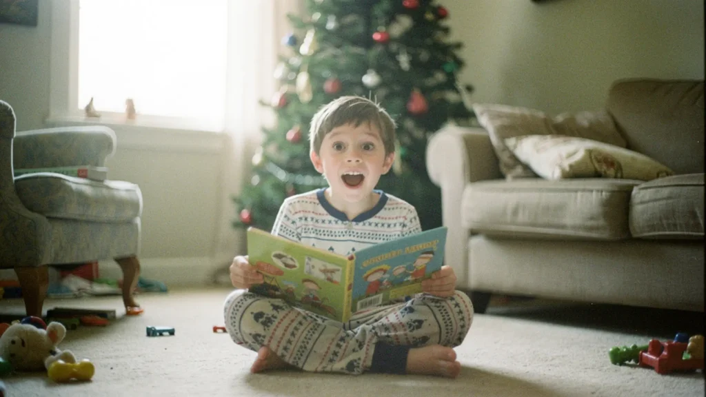 Petit garçon en pyjama assis devant le sapin de Noël, tenant un livre illustré ouvert, sourire surpris